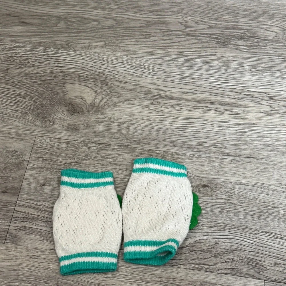 Vintage Baby Crawling Kneepads Dinosaur Padded Leg Warmers Teal White Striped